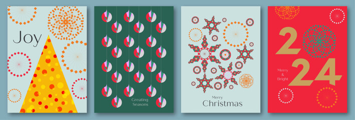 Merry Christmas and Happy New Year greeting card set. Modern Xmas design with christmas tree,geometrical shapes, ball pattern. Xmas concept for invitation, poster, banner, social media, cover template