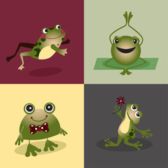 Fun and funky frogs; collection of 4 amphibian characters on green, gray, red and yellow squares.