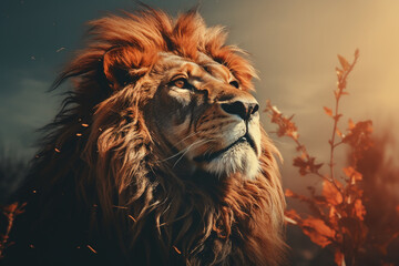 Naklejka premium Double exposure professional portrait, lion head in profile fills the frame. AI generative