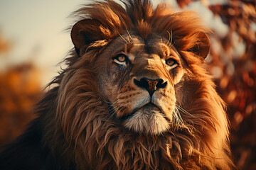 Naklejka premium Double exposure professional portrait, lion head in profile fills the frame. AI generative