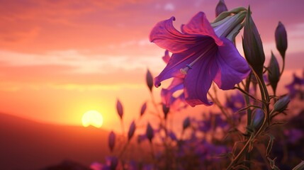 A Celestial Campanula set against a breathtaking sunset, with the vibrant flower silhouetted...