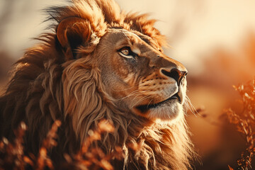 Naklejka premium Double exposure professional portrait, lion head in profile fills the frame. AI generative