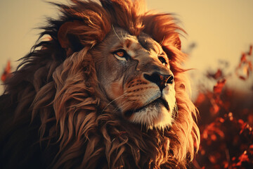 Fototapeta premium Double exposure professional portrait, lion head in profile fills the frame. AI generative