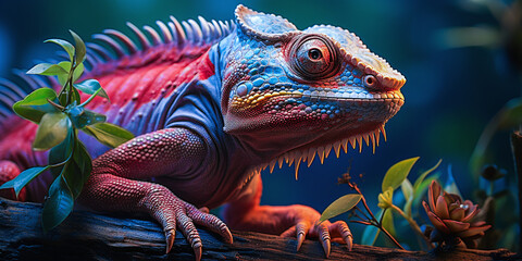 portrait of a colorful  iguana sitting on a branch