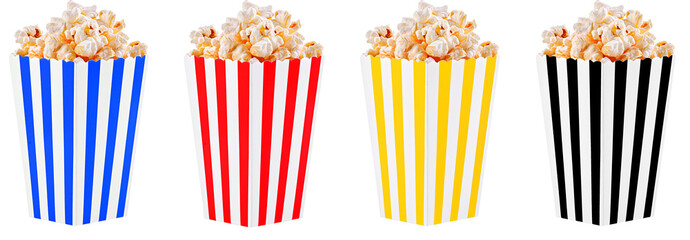 Set of popcorn in multi-colored boxes on isolate and white background close-up