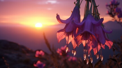 A Celestial Campanula set against a breathtaking sunset, with the vibrant flower silhouetted against the warm, dusky sky. - obrazy, fototapety, plakaty