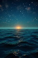 High angle aerial view of calm sea in deep turquoise hues, dog hour of the night. AI generative
