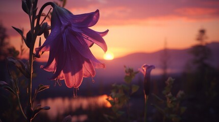 A Celestial Campanula set against a breathtaking sunset, with the vibrant flower silhouetted against the warm, dusky sky.