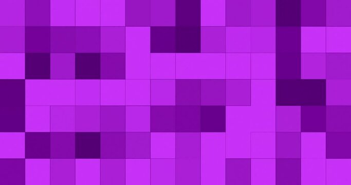 Square shapes placed together forming a grid flashing and changing color creating an effect of moving and morphing pixels. Purple color Square grid moving and blinking slowly changing color.