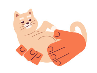 Curled up cat holding cartoon character hands illustration. Shelter adopted pet. Kitten cute 2D vector image isolated on white background. Animal upside down in hands editable flat clipart color