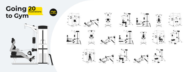 Workout gym people black and white cartoon flat illustration bundle. Bodybuilding sports 2D lineart characters isolated. Stretching. Bodybuilder machines monochrome vector outline image collection