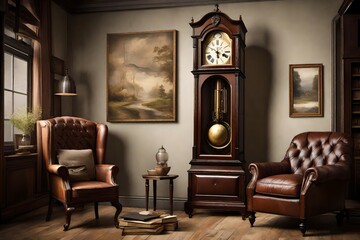 A meticulous depiction of a Canvas Frame for a mockup in an old styled family room, where an heirloom grandfather clock ticks softly beside a leather-clad reading nook - obrazy, fototapety, plakaty