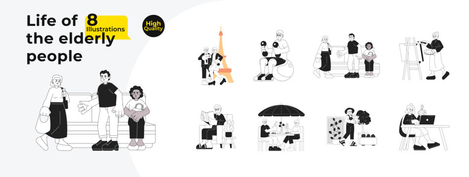 Senior leisure activities black and white cartoon flat illustration bundle. Retirement hobby, elderly people linear 2D characters isolated. Workout, relaxing monochromatic vector image collection