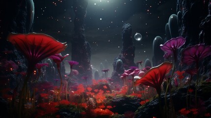 An alien world where the sky is filled with floating Nebula Nasturtium blossoms, casting vibrant hues on the landscape.