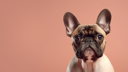 Advertising portrait, banner, sad and serious pug dog, looks straight, isolated on light red background