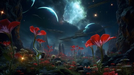 An alien world where the sky is filled with floating Nebula Nasturtium blossoms, casting vibrant...