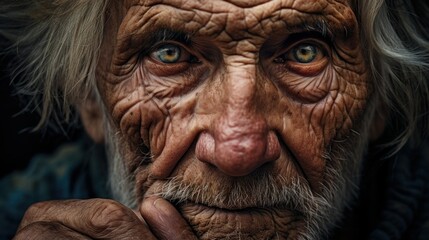 A powerful portrait of an elderly person, capturing the wrinkles, texture of the skin, and expressive eyes that tell a story of a lifetime, in high resolution and natural lighting