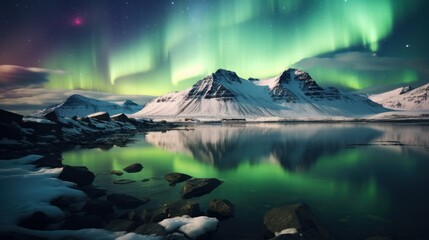 A realistic landscape shot of the Northern Lights dancing over a snowy mountain range in Iceland, with long exposure to capture the motion and vibrant colors