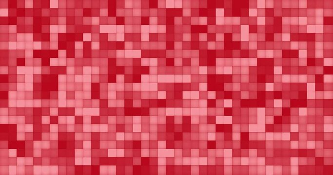 Many square shapes placed together flashing and changing color creating an effect of moving and morphing pixels. Shiny red color square particles blinking like led pixel screen saver.