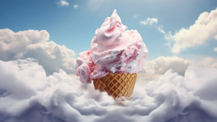 Advertising shot, flying colorful ice cream cone with colorful sugar sprinkles and gelatins in a cone - obrazy, fototapety, plakaty