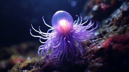 An Amethyst Anemone lit by bioluminescent creatures, casting an enchanting glow in the deep sea.