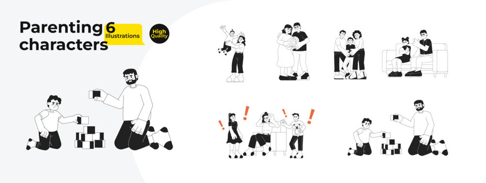 Children parenting black and white cartoon flat illustration bundle. Multicultural family linear 2D characters isolated. Motherhood parenthood challenges monochromatic vector image collection