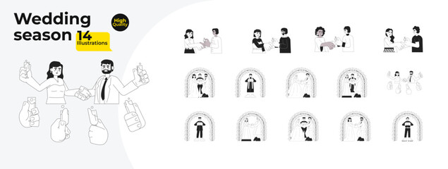 Wedding season black and white cartoon flat illustration bundle. Engagement, marriage proposal diverse linear 2D characters isolated. Multinational bride groom monochromatic vector image collection
