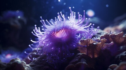 Fototapeta na wymiar An Amethyst Anemone lit by bioluminescent creatures, casting an enchanting glow in the deep sea.