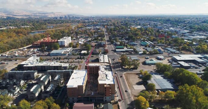 Aerial 4k view of Boise, Idaho with industrial, commercial and residential buildings