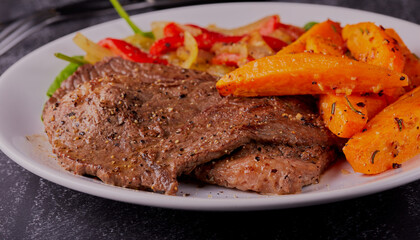 Beef thin cut steaks with sweet potato wedges and a spinach salad.
