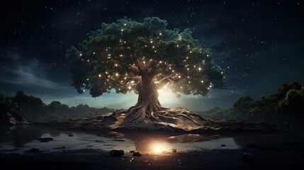An ancient Myrtle tree with roots that seem to reach into the very heart of the earth, surrounded by fireflies.