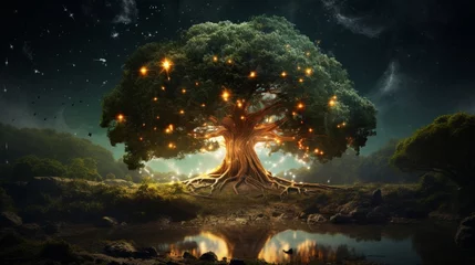  An ancient Myrtle tree with roots that seem to reach into the very heart of the earth, surrounded by fireflies. © Anmol