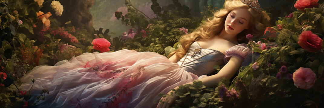 Beautiful princess sleeping in a garden of flowers
