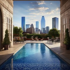 A photograph of an Architectural pool terrace in between two brick buildings 
