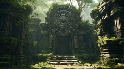 An ancient, overgrown temple in a lush jungle, with intricate carvings and a serene, mystical...