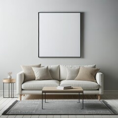 Modern Neutral-Toned Living Room with Blank Wall Art Frame Mockup