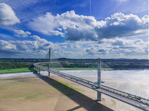 Liverpool, Merseyside, UK, September 13, 2023; aerial view of the Mersey Gateway toll bridge over the River Mersey, Liverpool, 