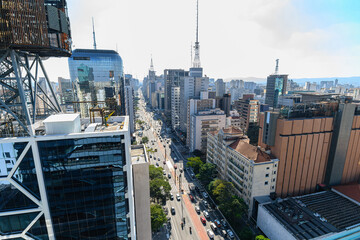 Aerial view of the downtown of Sao Paulo city at Paulista avenue, famous destination of Sao Paulo - SP, Brazil.