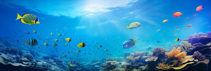 Fototapeta na wymiar A flock of colorful tropical fish. Underwater tropical background. Banner image. AI generated content.