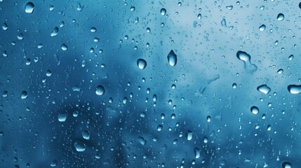 Water and rain drops on the glass, abstract view, Drops of rain on blue glass background : drops on glass after rain