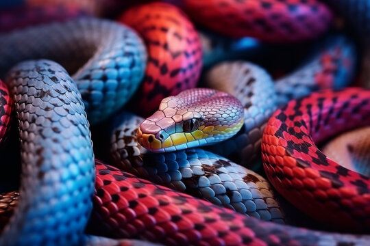 Realistic image of colored snakes as background close-up. AI generated content.