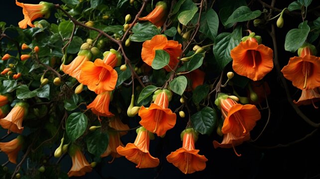 An Angel's Trumpet Vine in full bloom against a deep green background, its vibrant orange and yellow blossoms captured in detailed