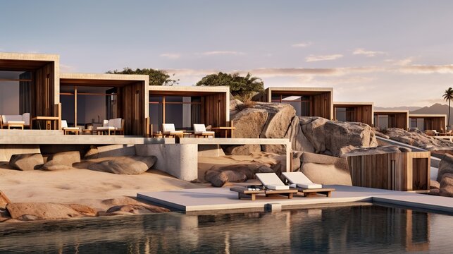A photograph of Architecural beach resort bungalows in style of amangiri resort in the middle