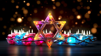 presents and neon star of David for Hannukah