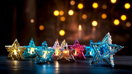 presents and neon star of David for Hannukah