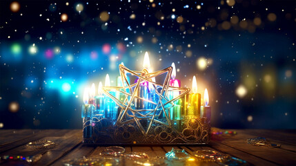 presents and neon star of David for Hannukah