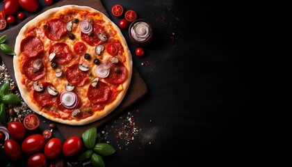 Pepperoni pizza on black concrete background, Delicious pepperoni pizza and basil tomatoes cooking ingredients on black concrete background