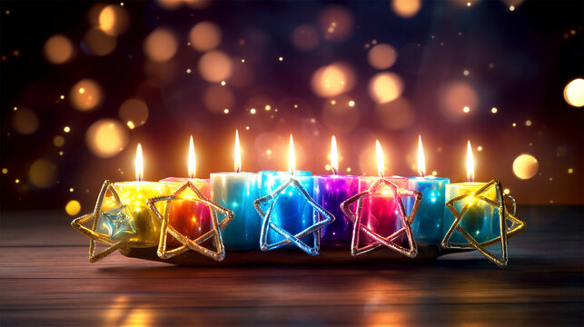 presents and neon star of David for Hannukah - Powered by Adobe