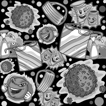 Pattern illustration with tools, tags, words, style, spray paint, emoji, fresh and monochrome
