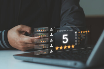 Customer Satisfaction Survey concept, 5-star review feedback, client give good rating by five stars to service experience on online application phone, evaluation to reputation ranking of business.